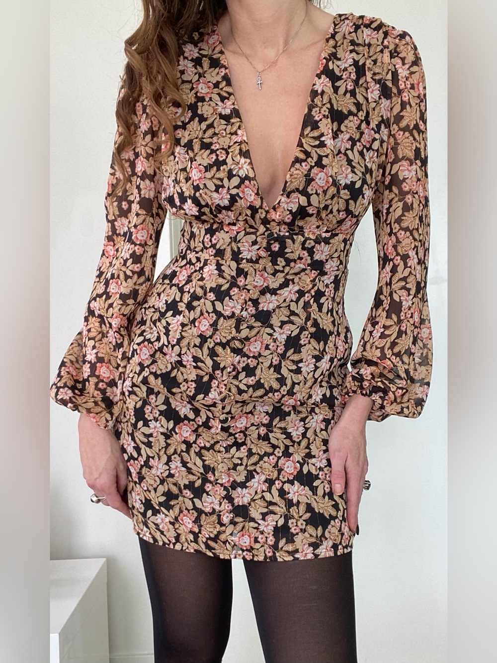 Brand new never worn floral on blk poet long sleeve mini bohemian dress